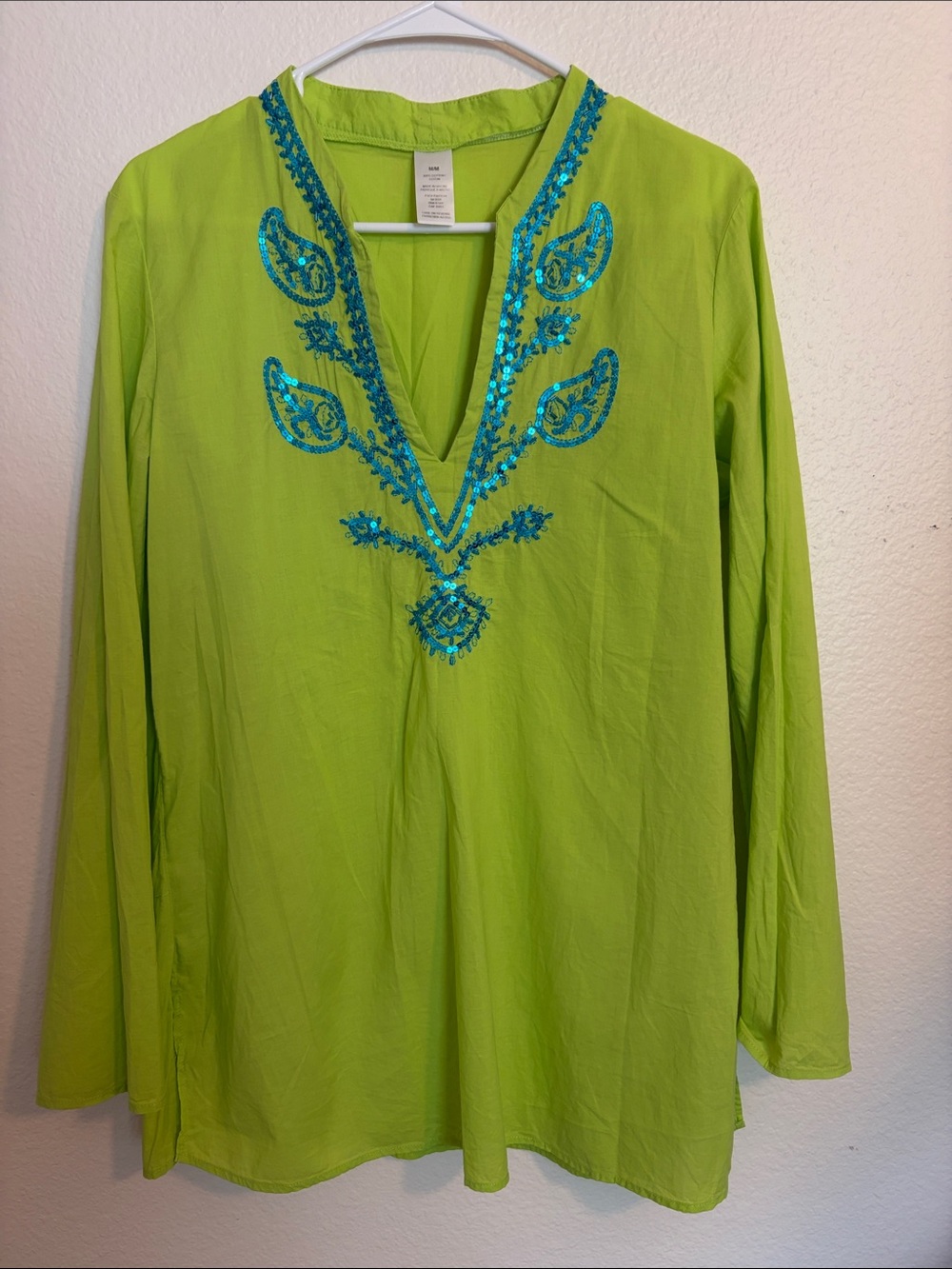 Embellished Lime Green V-Neck Tunic with Teal Sequin Detail